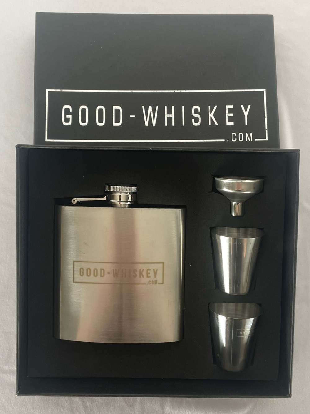 Good-Whiskey Stainless Steel Flask Gift Set - Silver